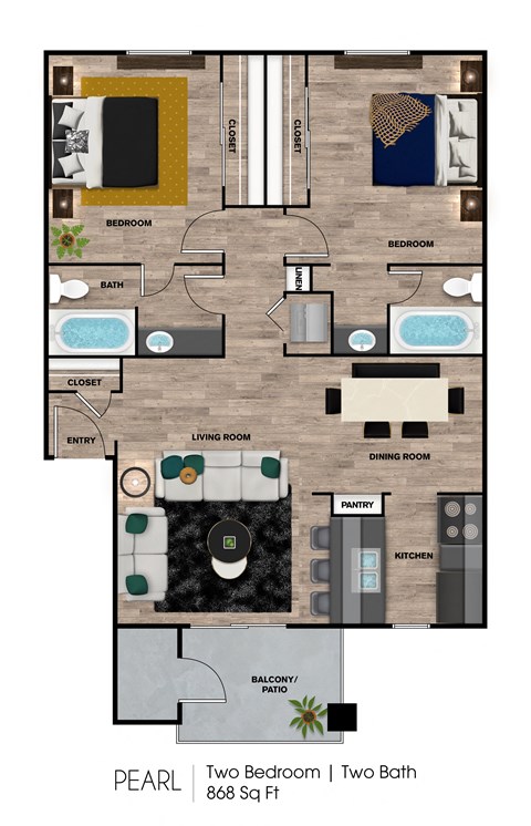 A floor plan of a two bedroom, two bath apartment.